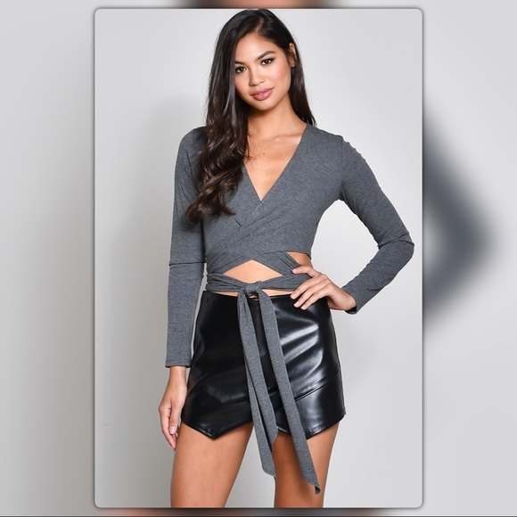 Gray Wrap Long Sleeve Top - Picture 1 of 2